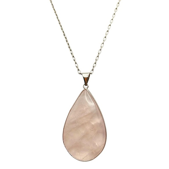 Vintage Large Rose Quartz Teardrop Pendant Necklace 18k White Gold Plated - Picture 2 of 6